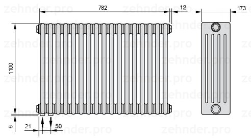 Схема (чертеж) Радиатор Zehnder Charleston 5110/17 №3370 Белый глянцевый RAL 9016